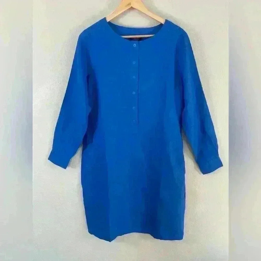 Zilch Amsterdam 100% Linen Tunic Dress Blue Long Sleeve Women's Medium